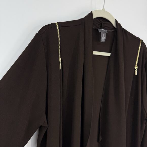 Chicos Travelers 3 Cardigan Brown Zipper Accent 3/4 Sleeve Open Cascading Front - Picture 3 of 6